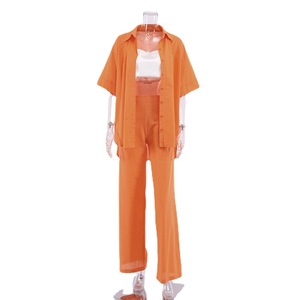Ensemble chemise pantalon et pantalon, ample, en coton et lin, deux pièces, décontracté, à la mode, vêtements pour femmes, nouvelles combinaisons d'été <span class=keywords><strong>2022</strong></span>, R21019S - Product Image 5