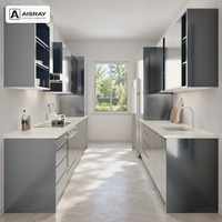 Meuble de cuisine haute brillance, aménagement contemporain en U, boîtes en panneaux de particules, tiroirs à fermeture amortie et fournitures pour projets de villas