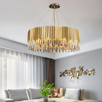 Lustre moderne en cristal doré à plusieurs niveaux, avec lamelles en acier inoxydable, prismes K9 en chevron, cascade, LED dimmable, garantie 3 ans