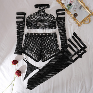 Conjunto de lencería de rejilla hueca Yicheng para discoteca, top halter de baile, pantalones cortos, medias, 5 piezas de cuero PU con ojales, sexy y erótico - Product Image 6