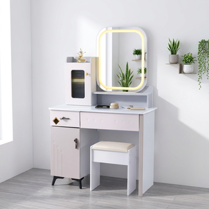 Modern <b>Makeup</b> Vanity <b>Table</b> <b>with</b> <b>Lighted</b> Mirror Storage Cabinet and Stool for Bedroom Furniture - Product Image 2