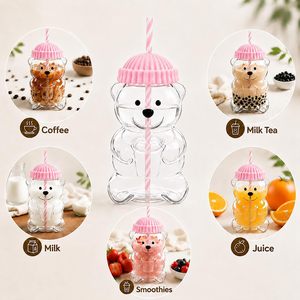 Offre Spéciale – Nouvelle Bouteille d'Eau en Verre Transparent en Forme d'Ours Mignon avec Couvercle en Silicone et Paille pour la Maison et la Restauration - Product Image 5