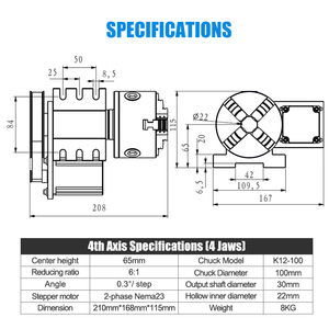 แกนหมุนราคาดี รุ่น K5M-6-100B ขนาด 100 มม. 4 จับ คัชแบบหมุน 6:1A สำหรับเครื่องกัด แกนหมุนแบบกลวง 4 แกน - Product Image 6