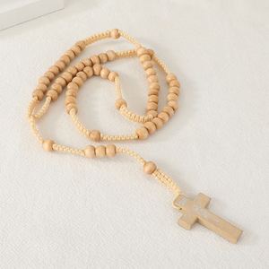 Rosario Católico Hecho a Mano con Cuentas de Madera Natural, Collar con Cruz y Colgante de Jesús, Joyería Religiosa, Venta al por Mayor - Product Image 5