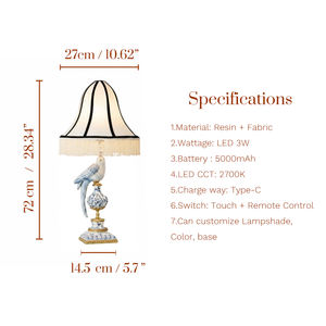 Palazzo di lusso 5000mAh batteria in resina lampada da tavolo a LED Cordless blu pappagallo campana nappa <span class=keywords><strong>paralume</strong></span> E14 2700K caldo Touch Control - Product Image 6