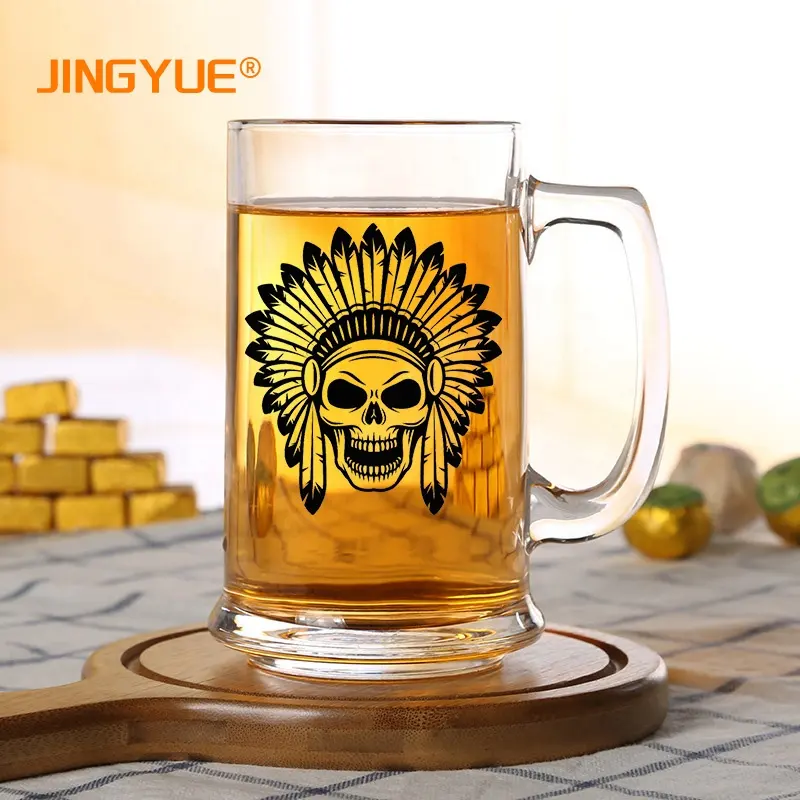 JINGYUE 22oz 650ml Benutzer definiertes Logo Gedruckter klassischer großer Bierkrug aus massivem Glas Stein Klares Bierglas mit Griff für das Bar Festival