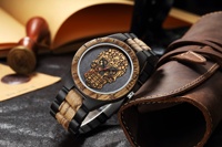 Jam Tangan Kayu Tengkorak Keren Buatan Tangan Unik Grosir Kustom Jam Tangan Kayu Quartz Jepang untuk Pria Reloj De Madera