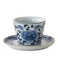 Ensemble tasse et soucoupe à café MSH, style luxe léger, bleu et blanc, lotus et vigne, pour le bureau