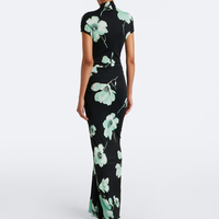 Robe longue moulante sirène élégante pour femme, à imprimé floral vert menthe, col montant, manches courtes, taille froncée, fente latérale, base noire, pour soirée