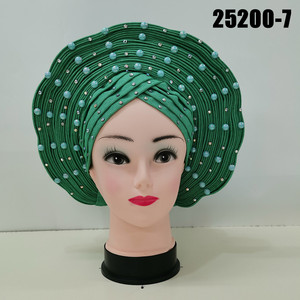 Foulard brodé Aso Oko fait main pour femmes, magnifique Gele automatique pour mariages traditionnels, 100% coton avec perles, personnalisable - Product Image 6