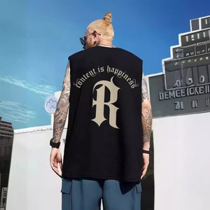 Camiseta sin mangas negra con estampado de letras Content Is Happiness para hombre, estilo casual con cuello redondo - Product Image 5