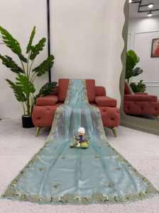 ผ้าไหมอินเดียแบบส่าหรี พร้อมเสื้อคลุมดีไซน์ทันสมัยสำหรับผู้หญิง เหมาะสำหรับงานเทศกาล งานแต่งงาน งานเลี้ยงฉลอง และงานหมั้น - Product Image 5