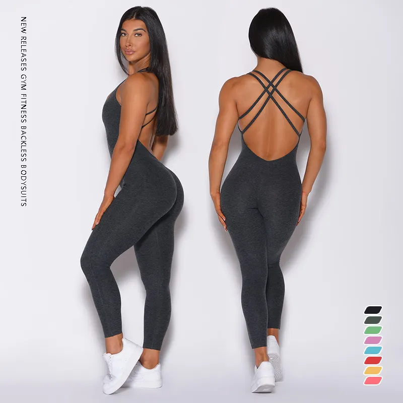 Individueller Yoga Fitness Trainingskombination Damenhose Rückenfrei Nylon Elasthanstrampler Einteiliger Jumpsuit Körperanzug für Damen