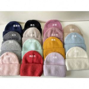 Wholesale Solid Color Angora Rabbit Fur Winter Cap Custom Logo Women <b>Men</b> Fisherman Classic Cuffed Ski Style Knitted Beanies <b>Hat</b> - Product Image 1