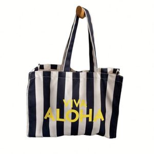 Bolsa de Compras de Lona de Algodón Reciclado Natural con Rayas Verticales, Personalizada, con Múltiples Bolsillos - Product Image 1