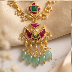 Gold Layered <b>Necklace</b> and Earring Set <b>Ruby</b> Emerald Stone Accents Freshwater Pearl Bridal Jewelry for Wedding Party - Product Image 6