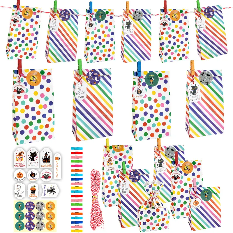 20Sets Rainbow Stripe Dot Gift Bags Halloween Theme Party Favor Bag Trick or Treat Pumpkin Ghost Candy Bag Wrapping Supplies