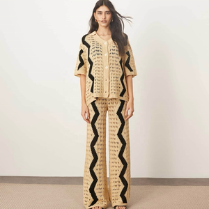Conjunto de punto de ganchillo bohemio, cárdigan de manga corta con patrón de zigzag negro <span class=keywords><strong>Beige</strong></span>, pantalones de pierna ancha, traje de verano de moda para <span class=keywords><strong>mujer</strong></span> - Product Image 3