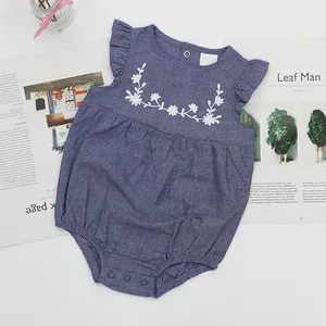 GOTS Organic cotton PRICE CAN BE NEGOTIATED latest design custom per your request Ruffle Sleeves Blue baby romper baby clothes