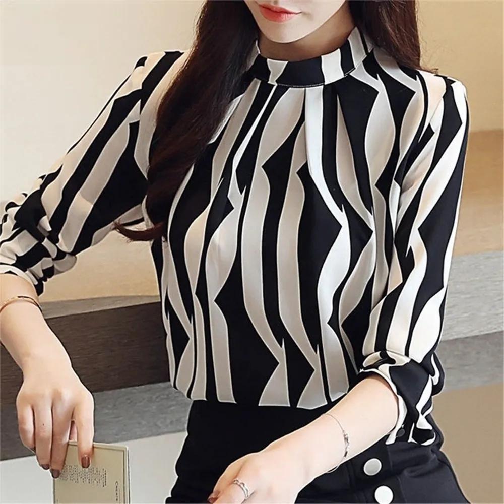 Fashion Woman Striped Chiffon Blouse Long Sleeve Women Shirts Office Work Wear Ladies Tops Blusas Femme 6517#