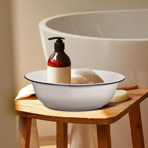 Bol profond <span class=keywords><strong>en</strong></span> émail de porcelaine de gros, 32 cm, 34 cm, 36 cm, OEM, blanc métallique, vaisselle de cuisine, lavabos <span class=keywords><strong>en</strong></span> émail avec bord bleu - Product Image 4