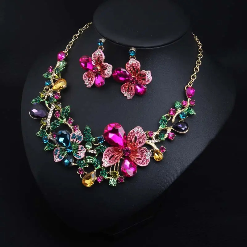 High quality Flower necklace earring set Crystal Rhinestone Jewelry Sets For Women Wedding bride