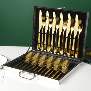 Juego de Cubiertos de Acero Inoxidable de 24 Piezas, Cuchillo, Tenedor y Cuchara Chapados en Oro, Vajilla Occidental, Juego de Regalo de Boda, Empaquetado en Caja Rectangular - Product Image 1