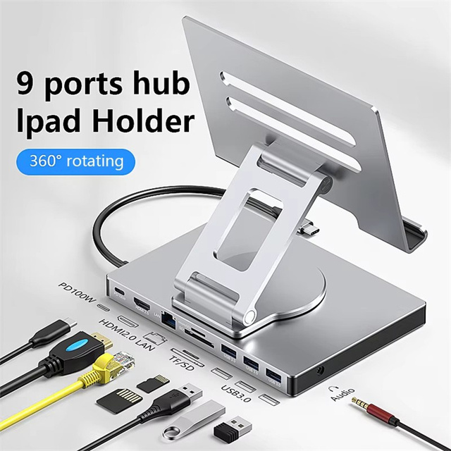 9-in-1 USB C HUB Tablet Holder Docking Station 4K60Hz HDTV USB3.0 5Gbps 1000Mbps Ethernet Data Transfer Stand for Tablet Phone