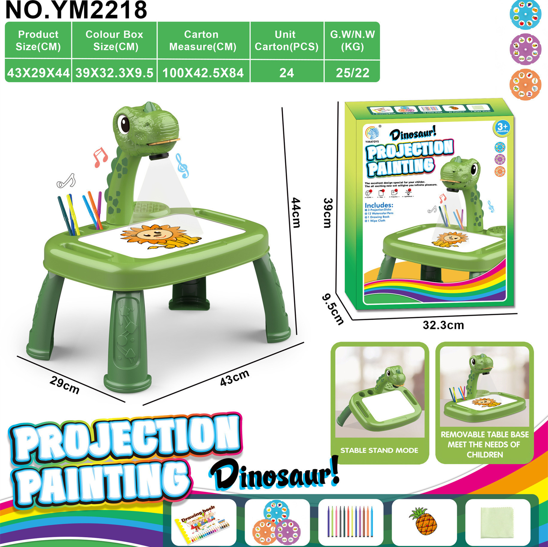 Grande table de projection tyrannosaure rex-vert