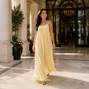 Proveedor OEM Profesional, Vestido Largo Holgado de Algodón Amarillo con Cuello Cuadrado para Mujer, Ropa de Playa de Verano al por Mayor - Product Image 1