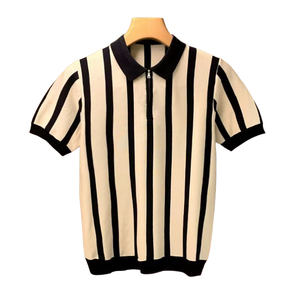 Populaire décontracté pull ample à manches courtes tricot hommes t-shirt été col rond rayé vertical tricot hommes Polo - Product Image 1