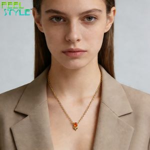 <span class=keywords><strong>Collana</strong></span> con Pendente a <span class=keywords><strong>Tulipano</strong></span> in Zircone Arancione Rosato 5A, Catena a O in Acciaio Inossidabile 316L Placcato Oro PVD Personalizzato, Ciondolo a Fiore - Product Image 4