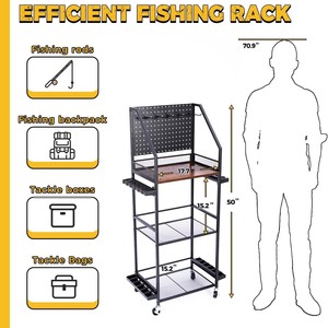Garage fishing rod <b>storage</b> rack, holds 12 fishing rods, with pegboard/hooks, wheeled mobile fishing <b>cart</b>. - Product Image 2
