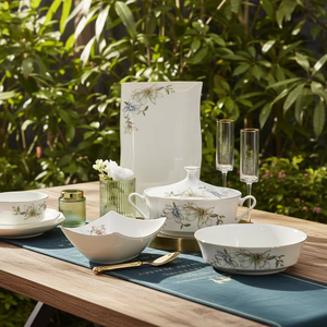 HIHUI Luxury 6-8 Piece Eco-Friendly Bone China <b>Dinnerware</b> Set European Style Scenic Green Gold On-glazed Pattern Beijing - Product Image 5