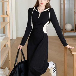 Women's Long Sleeve Hooded Sweatshirt Dress Black Solid Color Contrast Splicing Slim Waist Over The Knee Spring Autumn 2025 - Product Image 2