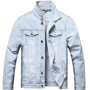 Men's Casual Denim Jacket Light Blue Washed Vintage <b>Jean</b> Jacket Distressed Cotton Denim Outerwear - Product Image 1