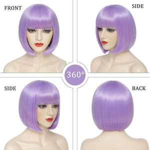Parrucca da 12 pollici corta dritta <span class=keywords><strong>viola</strong></span> per <span class=keywords><strong>capelli</strong></span> sintetici con frangetta resistente al calore per parrucche per costumi da donna - Product Image 4