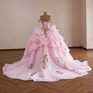 261019 Exquisite <b>Pink</b> <b>Tassel</b> Quinceanera Ball Gown <b>Dress</b> Golden Lace Beading Crystal Natural Waistline Chapel Train Party - Product Image 4
