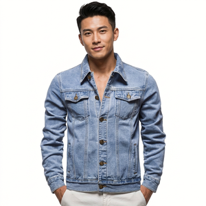 Veste en jean slim pour homme, col rabattu classique, décontractée, en coton bleu délavé, respirante, à bouton unique, style automne, coupe régulière - Product Image 4