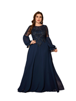 Robe de soirée élégante pour femmes, col rond, manches longues lanternes, luxe, patchwork de perles et de paillettes, en mousseline de soie, ajustée, formelle