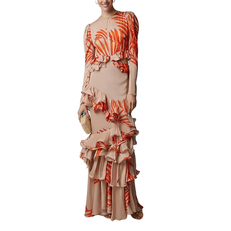 Women Ruffled Leaf Print Waist Elegant Maxi Casual Silk Dress Evening Dress