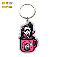 Porte-clés en acrylique Scream Ghost in Pink Mug, design Horreur-Mignon avec icônes Cœurs et Couteau, bordure transparente et anneau métallique
