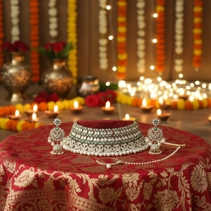 Luxury Vintage Certified Rhodium Plated Copper Zircon Choker Necklace Set Earrings Maang Tikka Ethnic <b>Indian</b> Bridal Wedding - Product Image 3