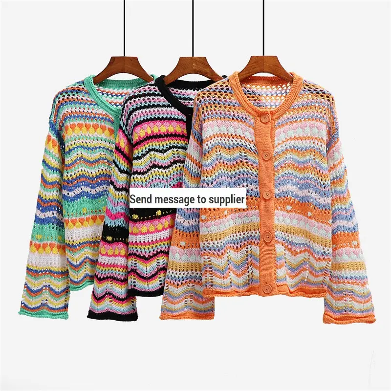 New Handmade Striped Colorful Sweater Cardigan With Buttons Women Loose Plus Size Women's Rainbow Knit Cardigan Sweater