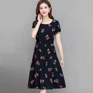 Spring Summer Women Floral <b>Dress</b> <b>Elastic</b> Waist O Neck Loose Fit Breathable Daily Wear Casual <b>Dress</b> For Middle Aged Mothers - Product Image 2