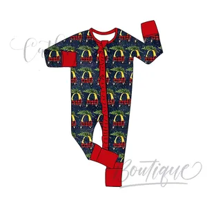Qingli OEM& 95% viscose Bamboo 5% Spandex 2 Way Zipper Romper Christmas Car print Baby Footie Pajamas Clothes onesie