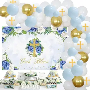 Blue Backdrop First Communion Decor for Boys God Bless Party Decorations White Gold Balloon Garland Kit God Bless Balloon Kit