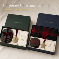 Coffret cadeau d'entreprise personnalisé pour Noël avec écharpe en tartan, sous-verres en cuir PU, ornement métallique, carte de vœux pour les employés et les clients
