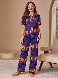 Pyjamas imprimés pour femmes en gros pour Halloween, haut à manches courtes et pantalon long, vêtements de nuit confortables pour femmes pour les fêtes et la maison - Product Image 5