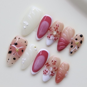 <span class=keywords><strong>Uñas</strong></span> <span class=keywords><strong>Postizas</strong></span> Hechas a Mano con Diseño de Almendras, Flores 3D, Estampado de Leopardo, Degradado de Perlas <span class=keywords><strong>Rosa</strong></span>, Reutilizables, Venta al Por Mayor, Personalizadas OEM - Product Image 1